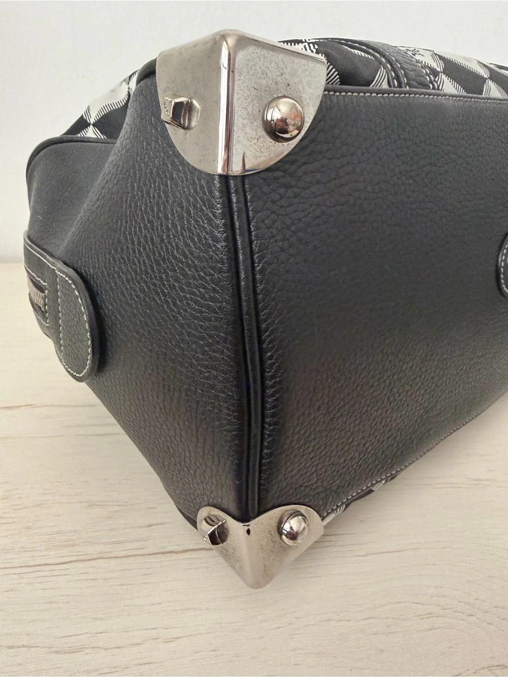 MCM Black and White Checkered Satchel with Silver Hardware